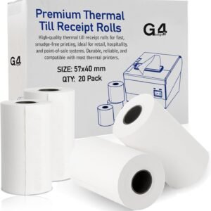 Thermal Paper Till Rolls Receipt Roll for Cash Register POS Credit Card Machine with Red Warning Strip 20 Rolls 57 x 40