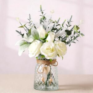 Faux Flowers with Vase Artificial White Rose Flowers