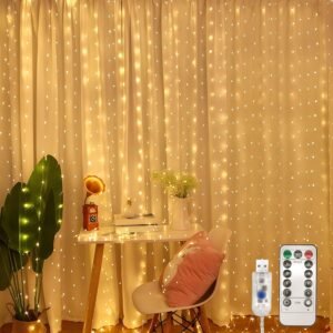 Jsdoin Curtain Fairy Lights, 3.6m x 3m 360leds USB Operated 8 Modes String Light Indoor Waterproof Hanging Window Lights with Hooks for Christmas, Wedding, Party,Wall, Home Decorations (Warm White) [Energy Class E]