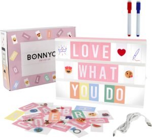 BONNYCO Pink Cinema Light Box with 400 Letters, Emojis and 2 Markers. A4 Led Light Box for Kids, Girl Room Decor, Home. Letter Board Girls Birthday Presents, Novelty Gifts for Women at Christmas