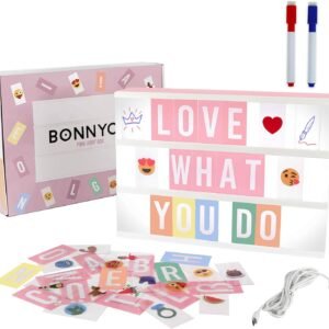 BONNYCO Pink Cinema Light Box with 400 Letters, Emojis and 2 Markers. A4 Led Light Box for Kids, Girl Room Decor, Home. Letter Board Girls Birthday Presents, Novelty Gifts for Women at Christmas