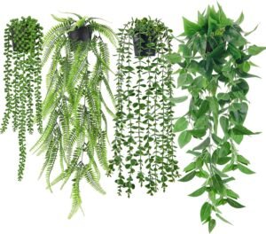 Der Rose 4 Pack Fake Plants Artificial Plants Indoor Hanging with Pots Artificial Ivy Vine Faux Eucalyptus Hanging Plants, Boston Fern, String of Pearls for Home Room Wall Shelf Indoor Outdoor Decor