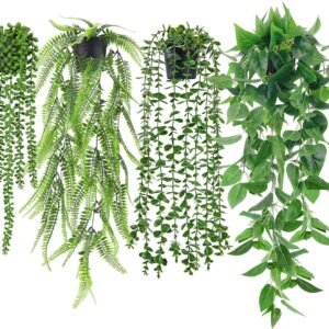 Der Rose 4 Pack Fake Plants Artificial Plants Indoor Hanging with Pots Artificial Ivy Vine Faux Eucalyptus Hanging Plants, Boston Fern, String of Pearls for Home Room Wall Shelf Indoor Outdoor Decor