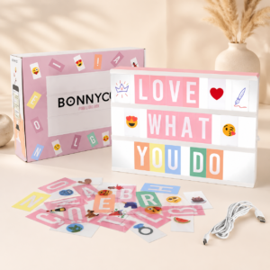 BONNYCO Pink A4 LED Cinema Light Box – Letter Message Board with 400 Letters, Emojis and 2 Markers for Kids’ Rooms and Home Décor