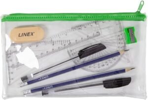 Linex Clear Exam Pencil Case with Complete Maths Set & Stationery Exam Approved Transparent Geometry Kit | Includes Ruler Compass & Protractor | School College & University Essentials