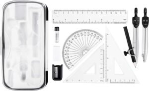 Complete 10 Piece Math Set for Students Geometry Kit with Compass Protractor Triangles Ruler Sharpener & Eraser  School Exam Maths Kit with Case