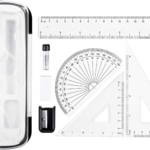 Complete 10 Piece Math Set for Students Geometry Kit with Compass Protractor Triangles Ruler Sharpener & Eraser School Exam Maths Kit with Case
