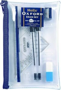 Helix Oxford Complete Exam Stationery Set in Clear Pencil Case Maths Geometry Kit with Pens Pencil Eraser Sharpener & Protractor  Ideal for School & Exams