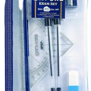 Helix Oxford Complete Exam Stationery Set in Clear Pencil Case Maths Geometry Kit with Pens Pencil Eraser Sharpener & Protractor  Ideal for School & Exams