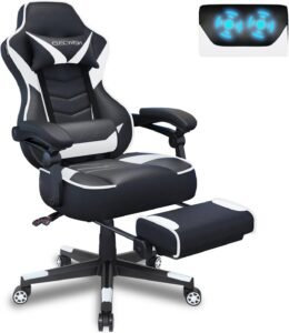 Fullwatt Gaming Chair with Footrest Ergonomic Reclining PU Leather Computer Chair with Adjustable Arms & High Back Support for Office and Gaming White