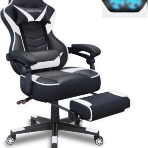 Fullwatt Gaming Chair with Footrest Ergonomic Reclining PU Leather Computer Chair with Adjustable Arms & High Back Support for Office and Gaming White