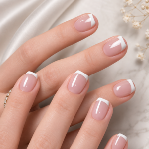 24-Pcs Short Coffin Press-On Nails – Glossy Pink and White False Nail Set for At-Home Manicure