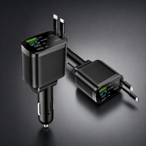 5-in-1 Dual Retractable Car Charger – 12V/24V USB-C Fast Charging Adapter with Pull-Out Cables and QC 3.0