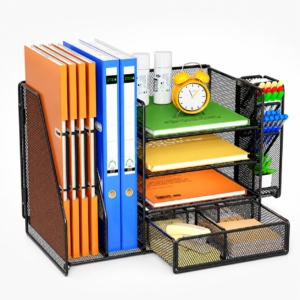 5-Tier Black Mesh Desk Organiser with Drawer – Letter Tray and File Holder for Office Documents