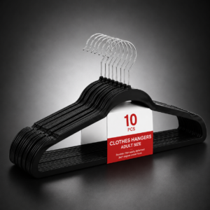 10-Pcs Adult Clothes Hangers – 37cm Black Plastic Coat Hangers with Trouser Bar and Anti-Slip Shoulder Notches