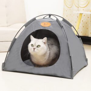 Pet Tent House for Cats & Puppies with Soft Warm Bed Pad – Cozy Indoor Play Tent (Grey)