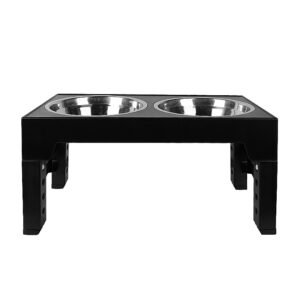 5 Height Adjustable Elevated Dog Bowls with Double Stainless Steel Bowls – Raised Feeding Stand for Small, Medium & Large Dogs (Black)