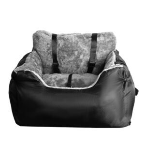 Plush Dog Car Seat Booster for Small Dogs & Cats – Cosy Travel Seat with Storage Pocket & Safety Leash (Black)