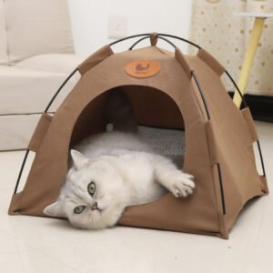 Pet Tent House for Cats & Puppies with Soft Warm Bed Pad – Cozy Indoor Play Tent (Coffee)